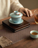 Hand-Sculpted "Azure Petals" Ru Ware Floating Sancai Gaiwan