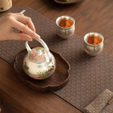 Silver-Inlaid "Butterfly & Floral" Beam Handle Tea Set | Handcrafted Ceramic Trio