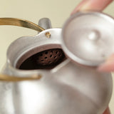 Handcrafted Gilded Silver "Side-Handle" Teapot | Copper Handle & Coarse Pottery